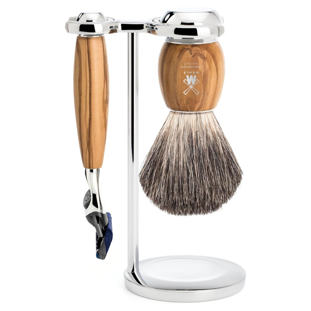 MÜHLE VIVO 3 Pc. Shaving Set, Pure Badger Brush & Gillette® Fusion™ Razor, Olive Wood