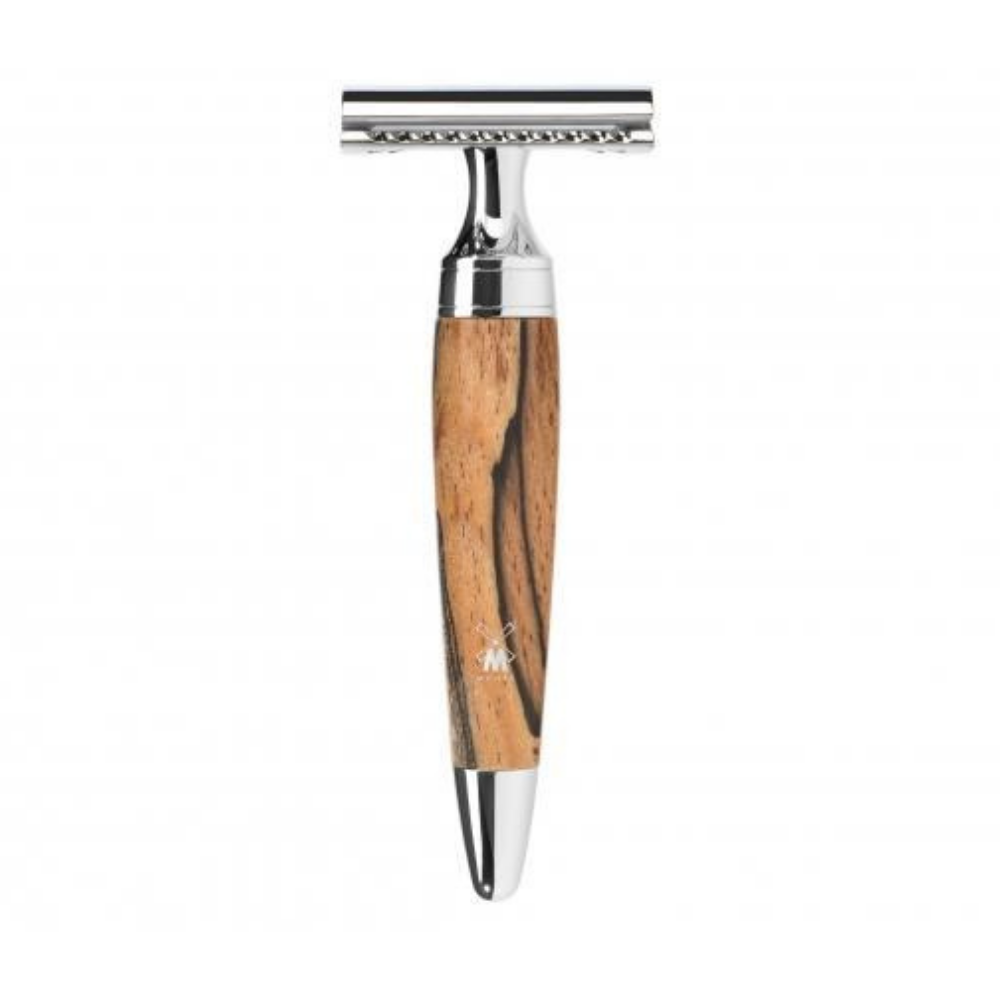Shaving razor with wooden handle and silver metal components on a white background