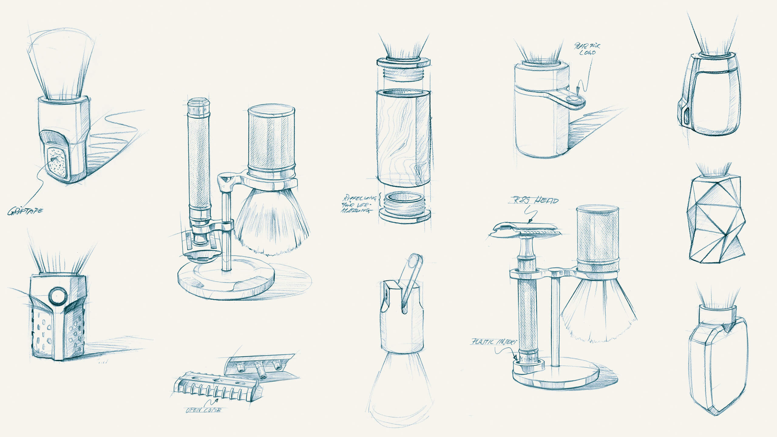 Set of hand-drawn sketches shaving equipment on a white background