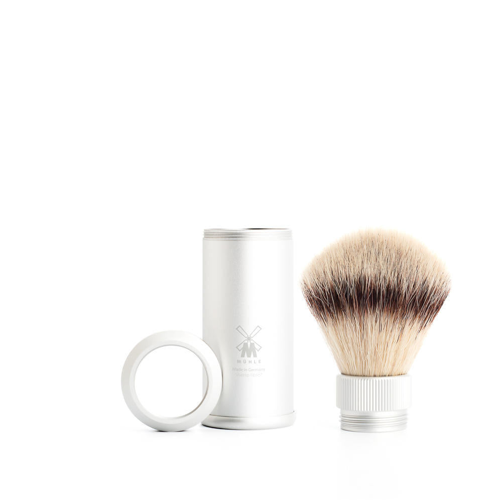 MÜHLE Travel Silver Anodized Aluminum Silvertip Fiber Travel Shaving Brush, Detail