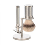MÜHLE Rocca Silver Matt Stainless Steel 3-Piece Silvertip Fiber & Safety Razor Shaving Set