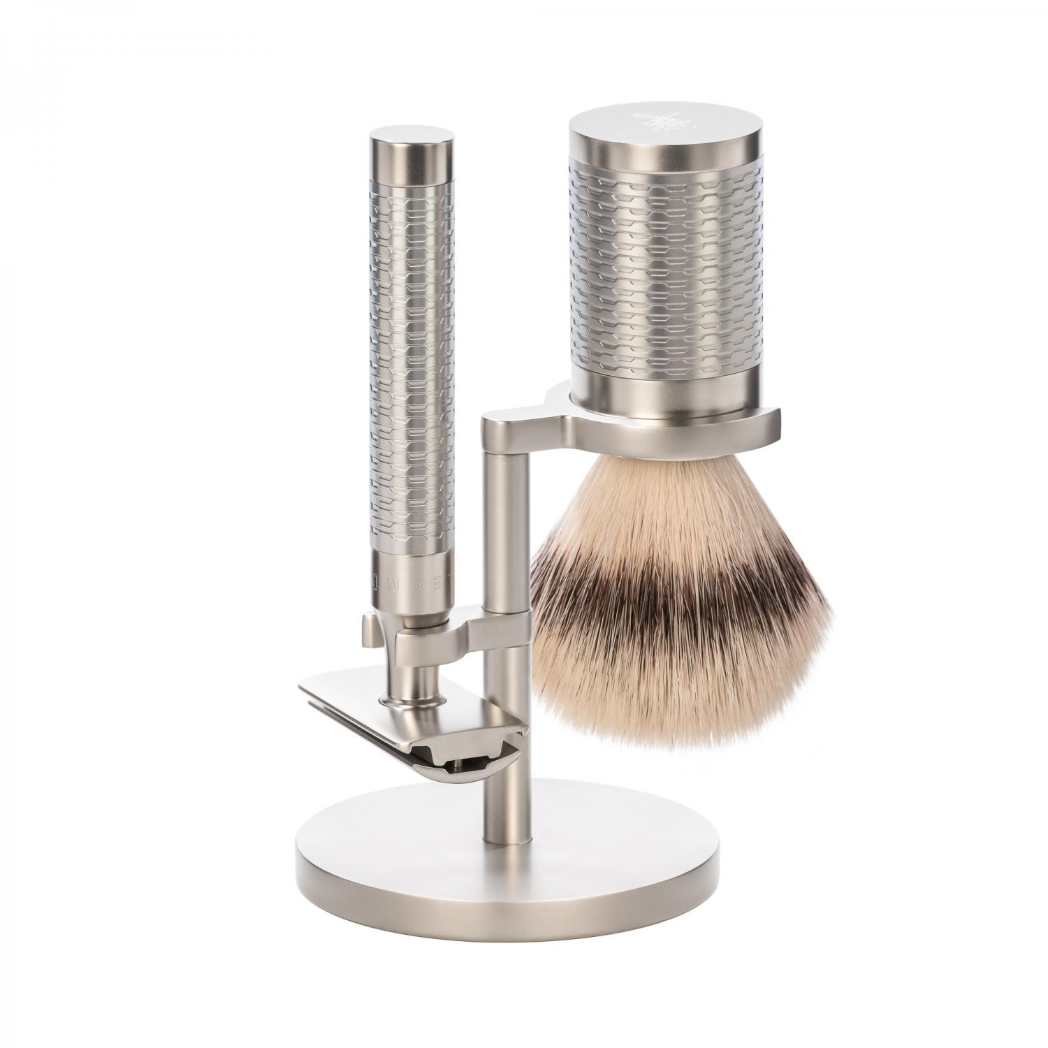 MÜHLE Rocca Silver Matt Stainless Steel 3-Piece Silvertip Fiber & Safety Razor Shaving Set