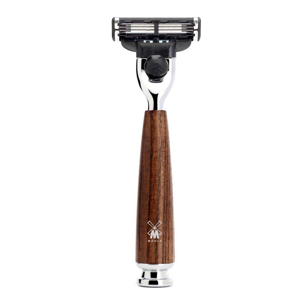 MÜHLE Rytmo Steamed Ash 4-Piece Pure Badger & Mach-3 Shaving Set, Gillette Mach3 Razor