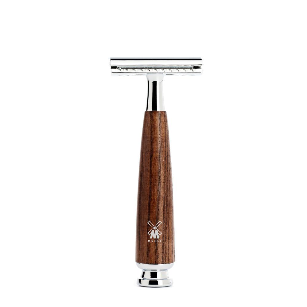 MÜHLE Rytmo Steamed Ash 4-Piece Black Fiber & Safety Razor Shaving Set, Closed Comb Safety Razor