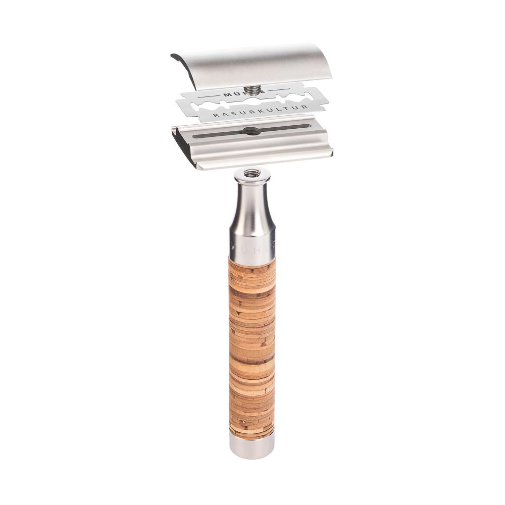 MÜHLE Rocca Birch Bark and Stainless Steel 3-Piece Silvertip Fiber & Safety Razor Shaving Set, Razor Details