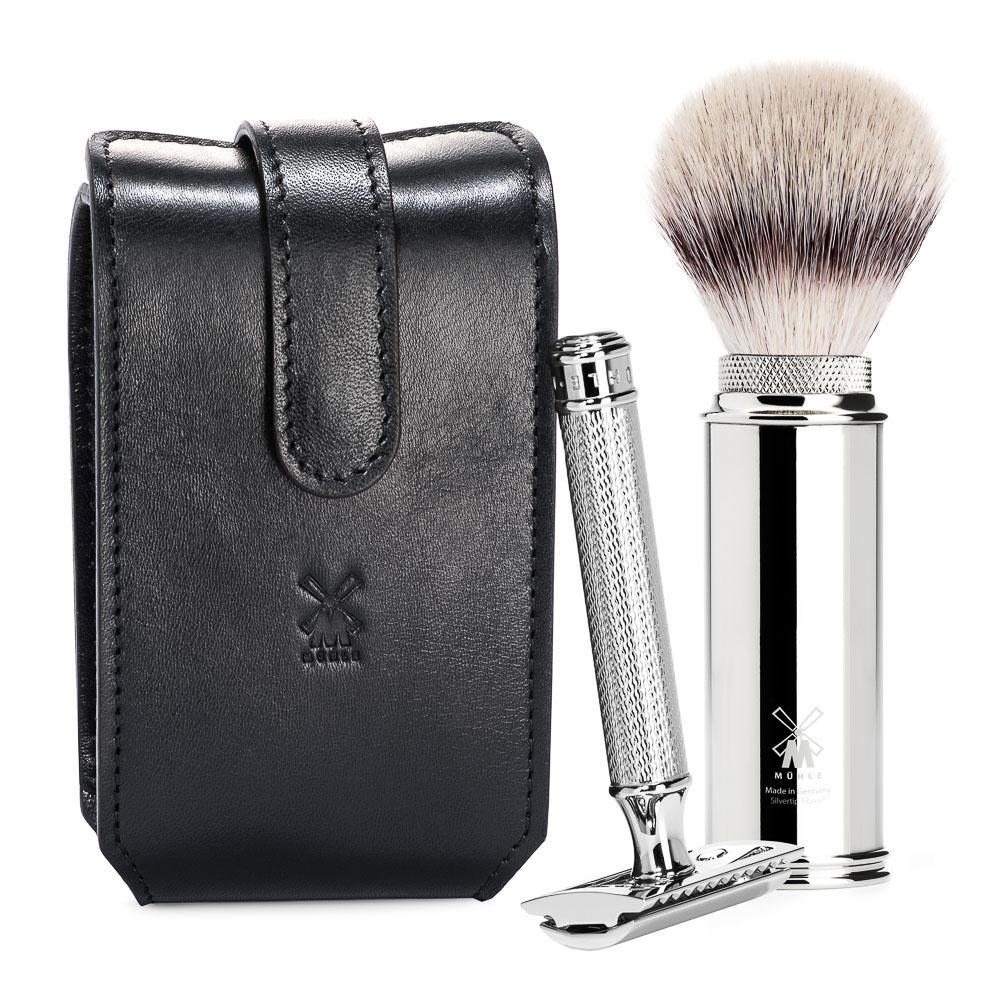 Black Leather Case, Silvertip Fiber Brush Safety Razor Travel