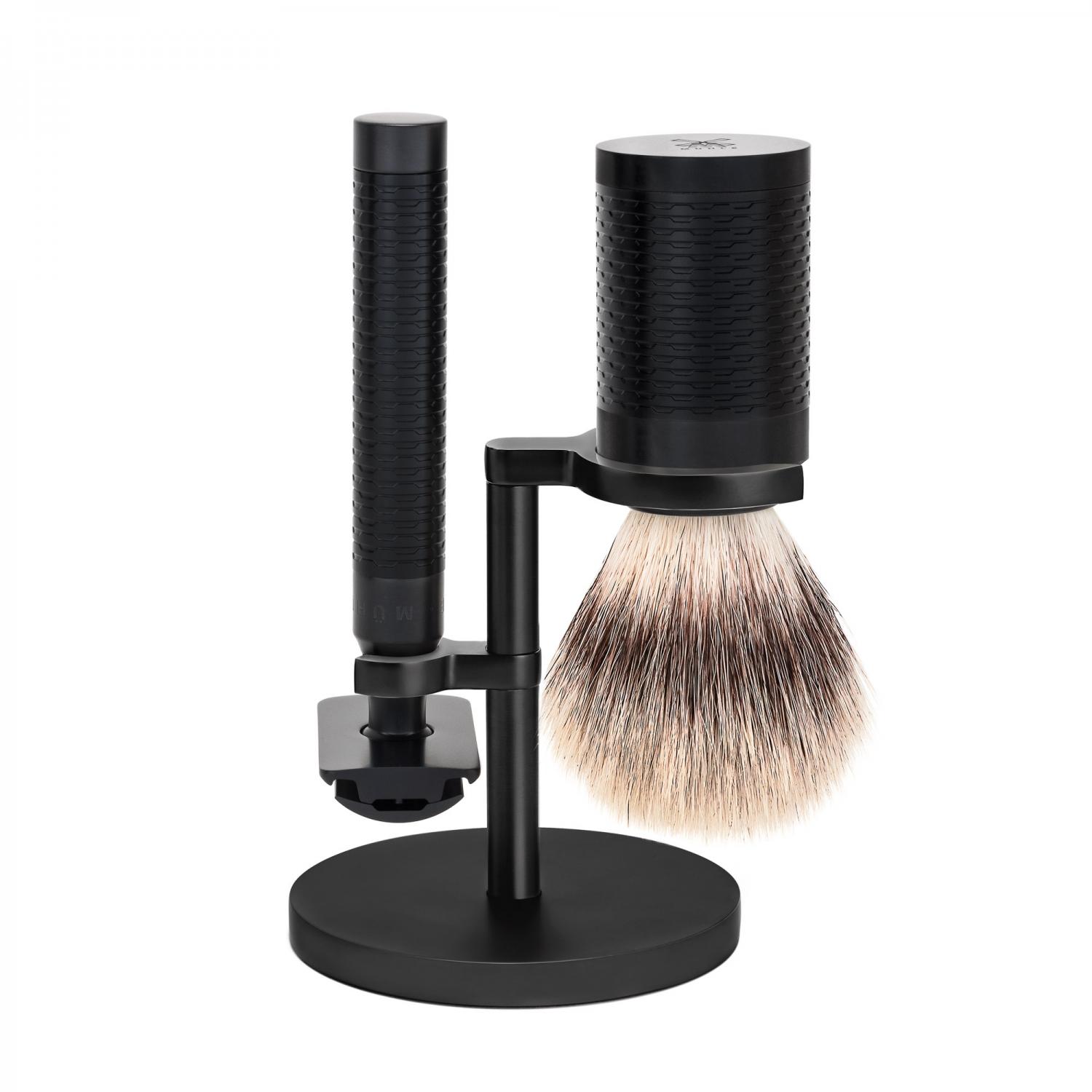 MÜHLE Rocca Black Stainless Steel 3-Piece Silvertip Fiber & Safety Razor Shaving Set