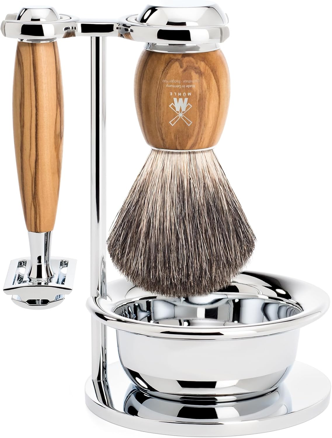 MÜHLE VIVO 4 Pc. Shaving Set, Pure Badger Brush & Safety Razor, Olive Wood