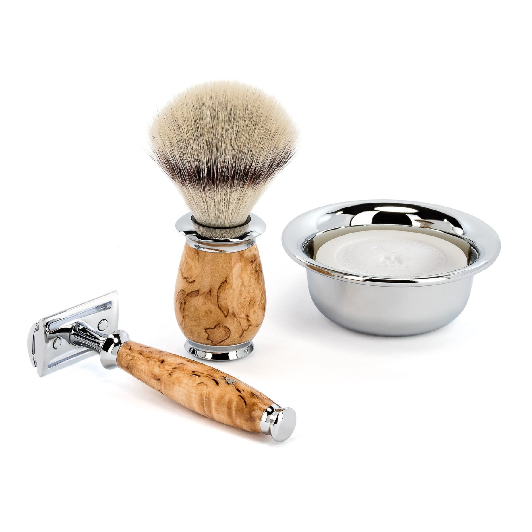 MUHLE Purist Karelian Masur Birch razor and brush set and bowl.