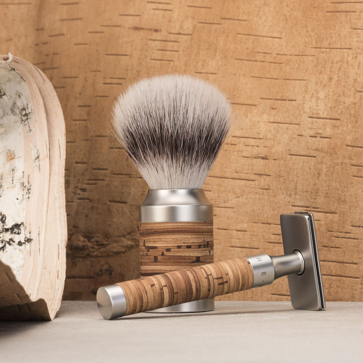Birch bark safety razor and shaving brush