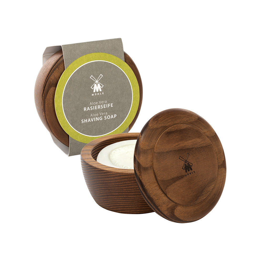 MÜHLE Aloe Vera Shaving Soap in Steamed Ash Bowl, Package Display Open