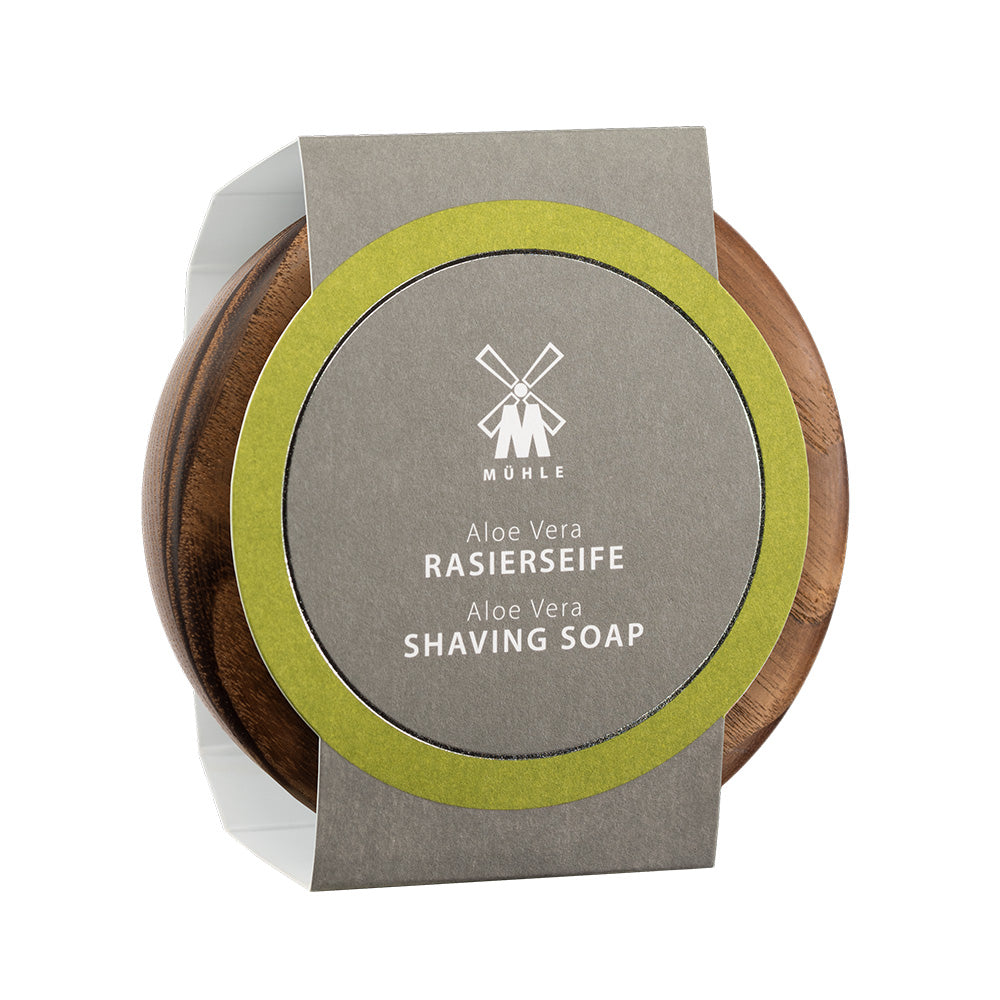 MÜHLE Aloe Vera Shaving Soap in Steamed Ash Bowl, Package Display