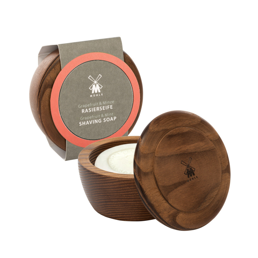 MÜHLE Grapefruit & Mint Shaving Soap in Steamed Ash Bowl- Packaging Open