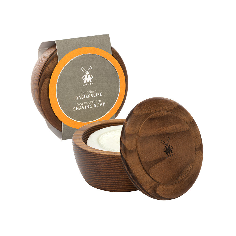 MÜHLE Sea Buckthorn Shaving Soap in Steamed Ash Bowl, Package Display Open