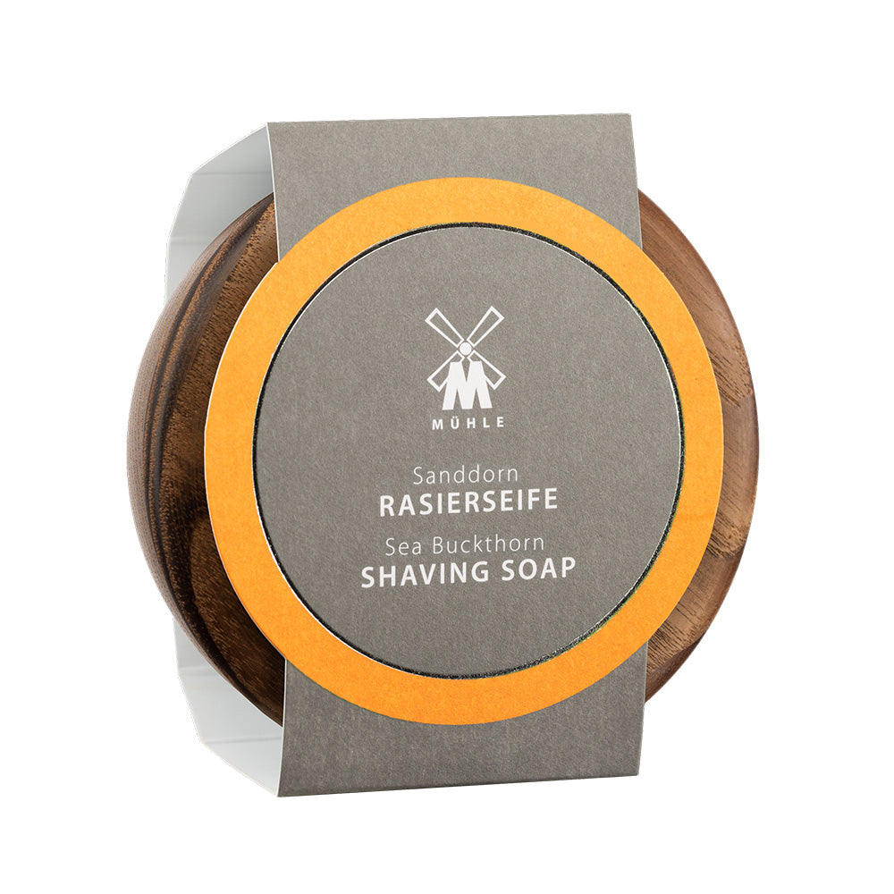 MÜHLE Sea Buckthorn Shaving Soap in Steamed Ash Bowl, Package Display