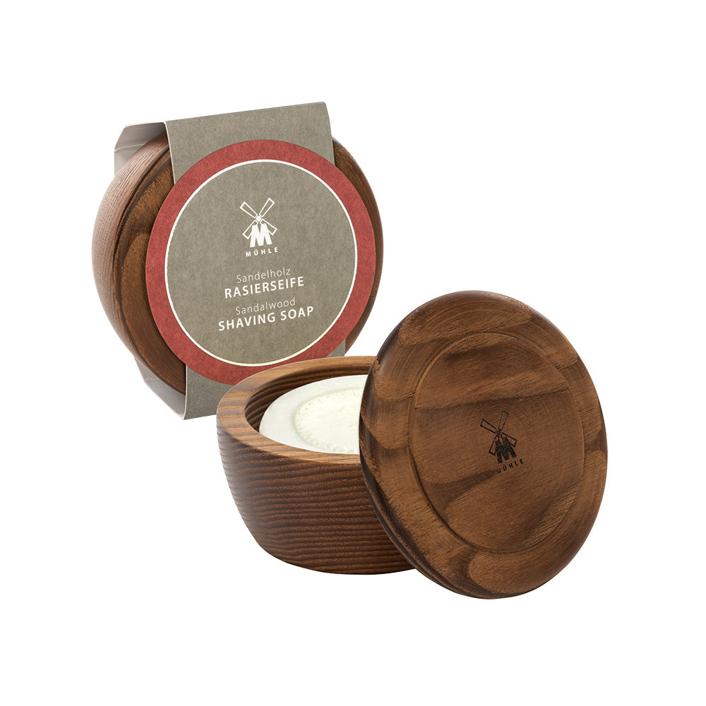MÜHLE Sandalwood Shaving Soap in Steamed Ash Bowl, Package Display Open
