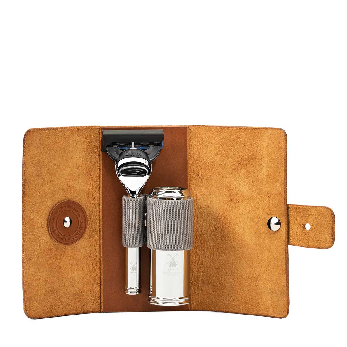 MÜHLE Travel Vegetable-Tanned Cowhide Travel Case Fusion Razor & Travel Brush - Open