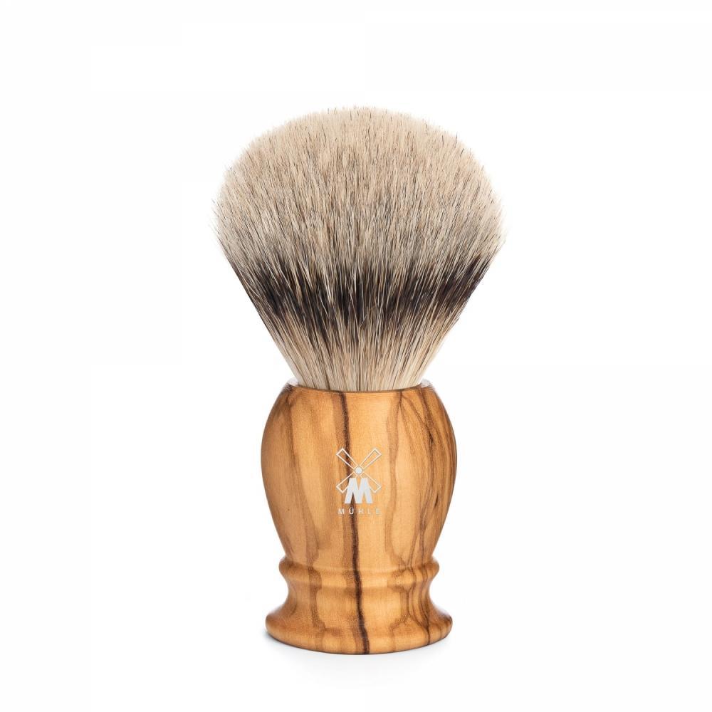 Pincel de barbear clássico de texugo com ponta prateada de madeira de oliveira média Mühle