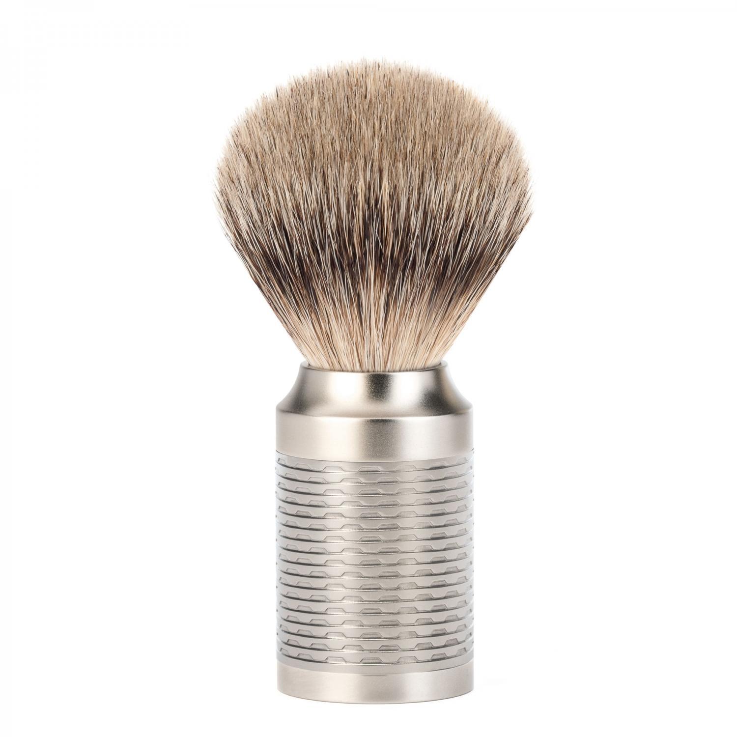 Conjunto de barbear MÜHLE Rocca Silver Matt aço inoxidável de 3 peças Silvertip Badger e lâmina de segurança, pincel de barbear