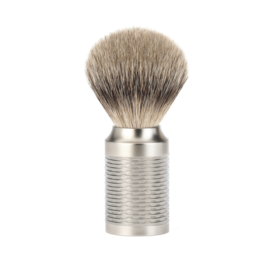 Pincel de barbear com ponta prateada em aço inoxidável puro fosco Mühle rocca
