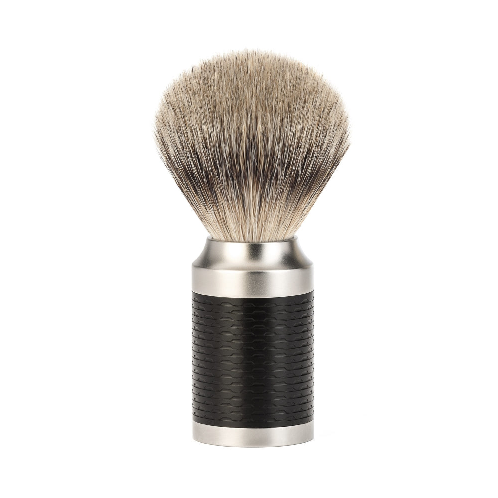 Pincel de barbear MÜHLE Rocca em aço inoxidável e ponta prateada preta