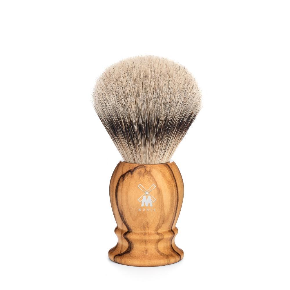 Pincel de barbear clássico de texugo com ponta prateada de madeira de oliveira Mühle