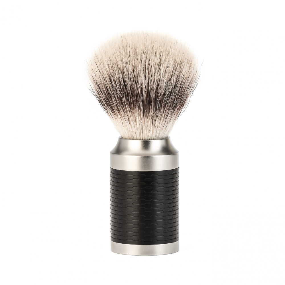 Pincel de barbear MÜHLE Rocca em aço inoxidável e fibra preta com ponta prateada