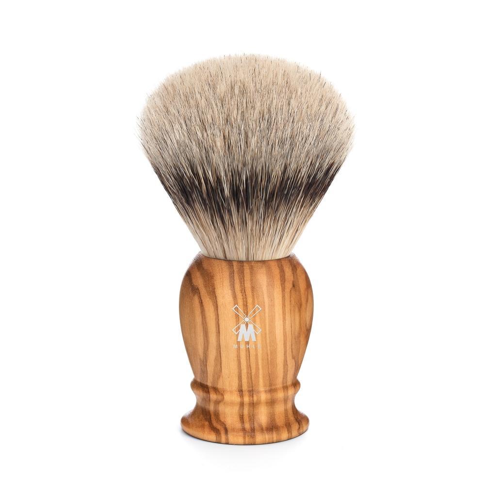 Pincel de barbear clássico de texugo com ponta prateada em madeira de oliveira Mühle