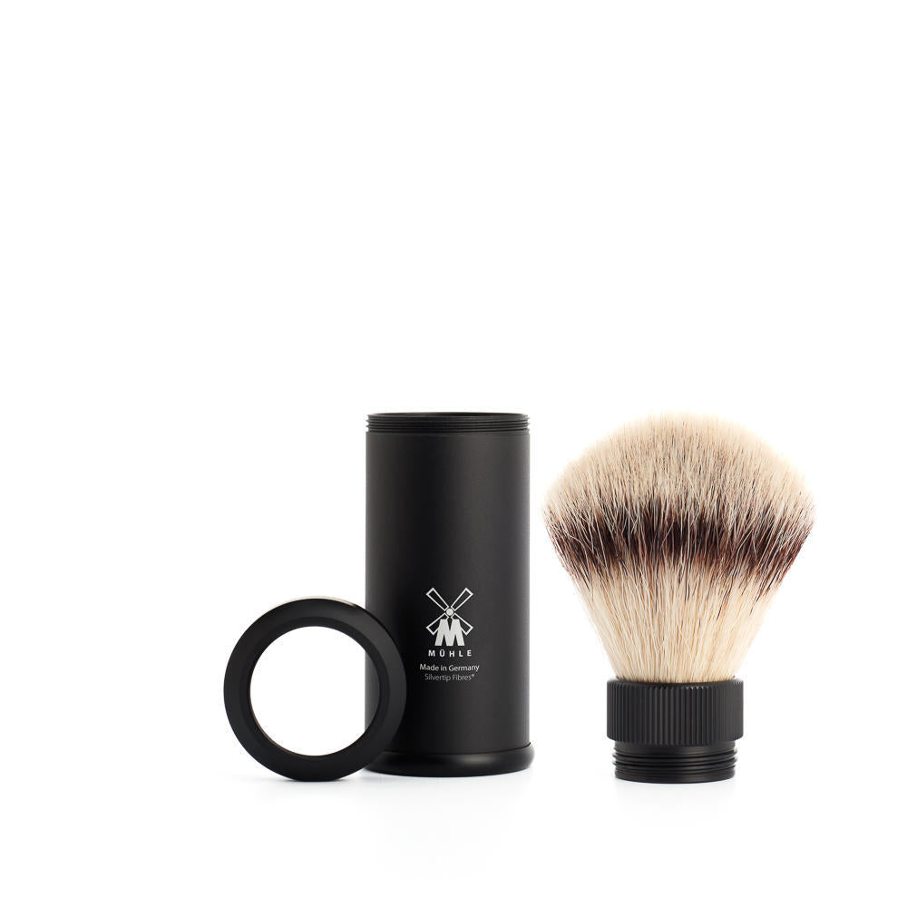 MÜHLE Travel Black Anodized Aluminum Silvertip Fiber Travel Shaving Brush, Detail