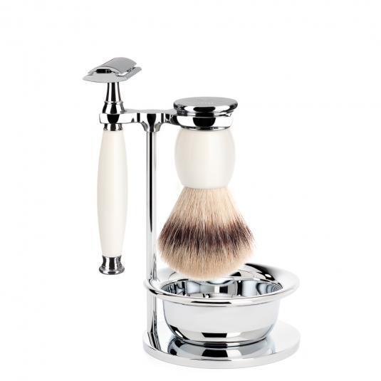 MÜHLE Set de afeitado Sophist Porcelain de 4 piezas con maquinilla de afeitar de seguridad y fibra Silvertip
