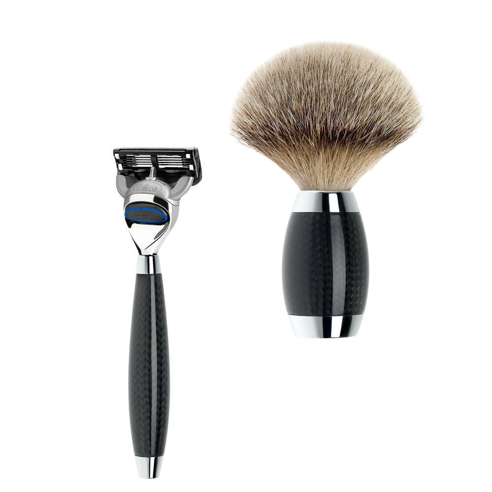 Conjunto de barbear de texugo com ponta prateada de 3 peças em carbono edição Mühle, vista alternativa 2