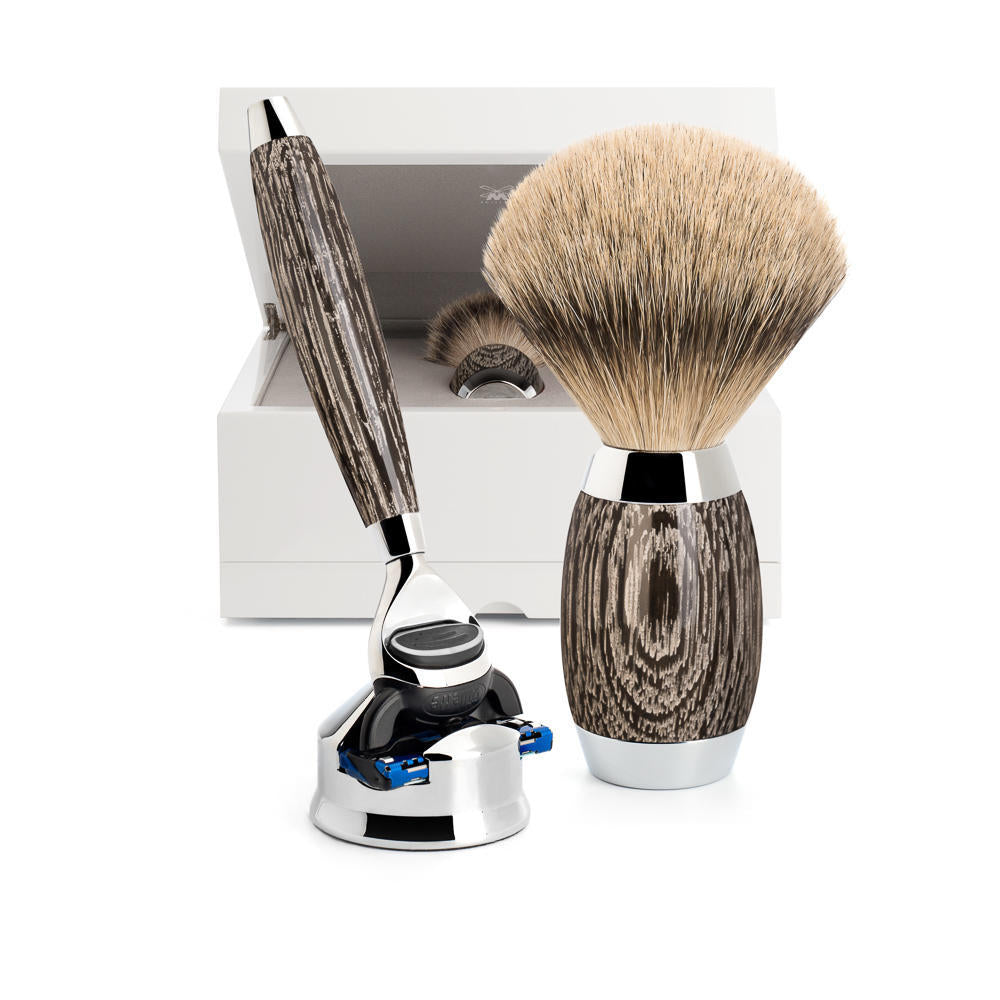 MÜHLE Edition Ancient Oak &amp; Sterling Silver 3-Piece Silvertip Badger &amp; Fusion Set
