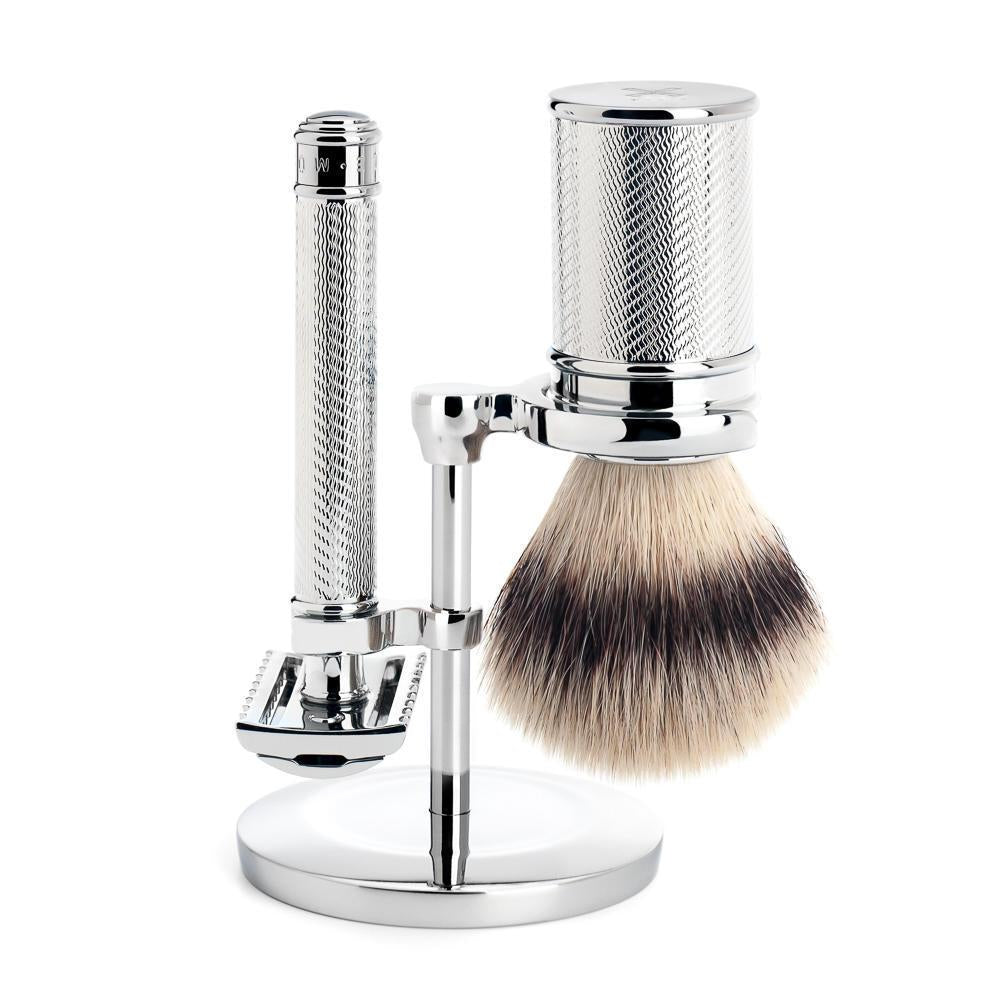 Set de afeitado maquinilla de afeitar de seguridad Mühle cromo punta plata fibra y peine abierto