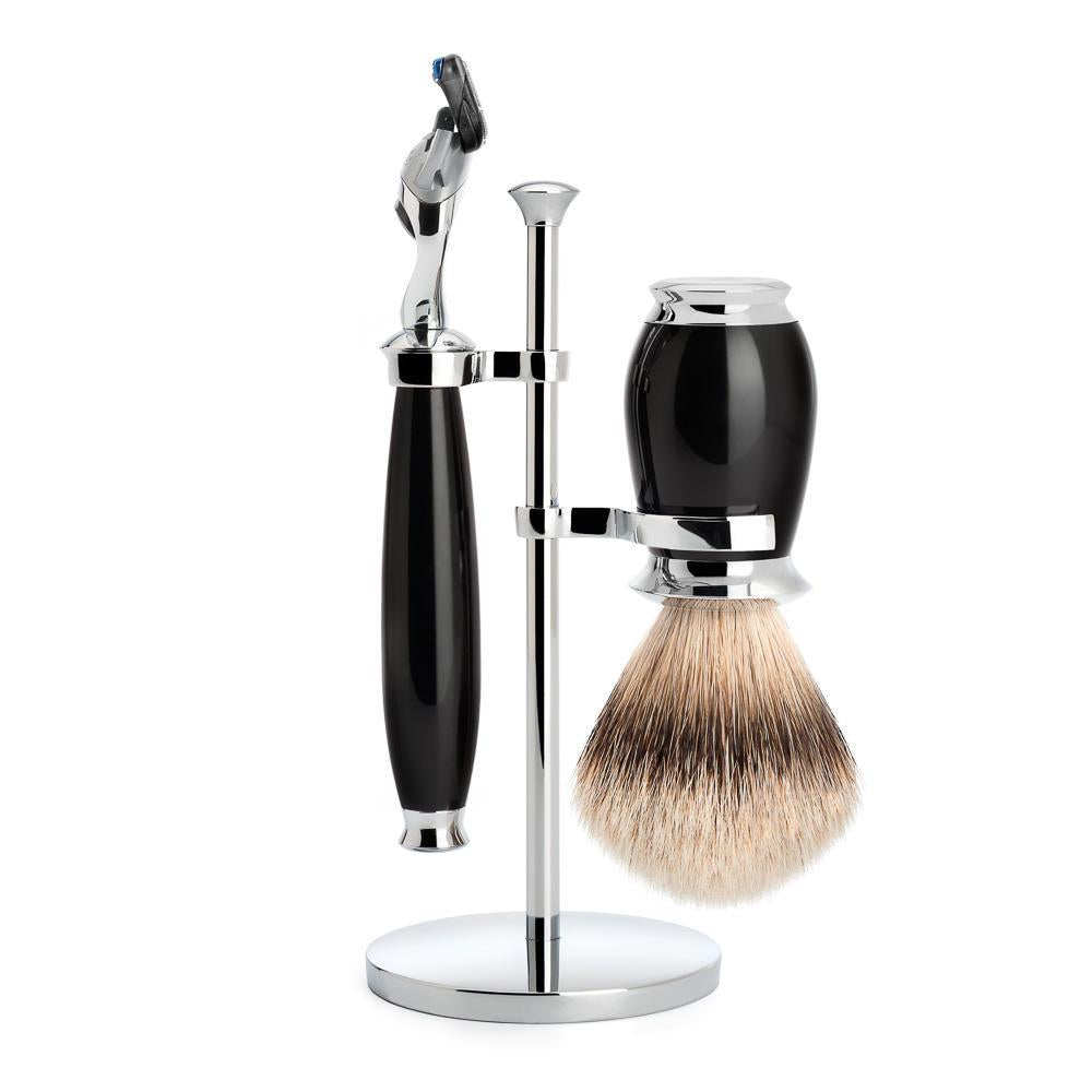 Conjunto de barbear MÜHLE Purist Black de 3 peças Silvertip Badger e Fusion