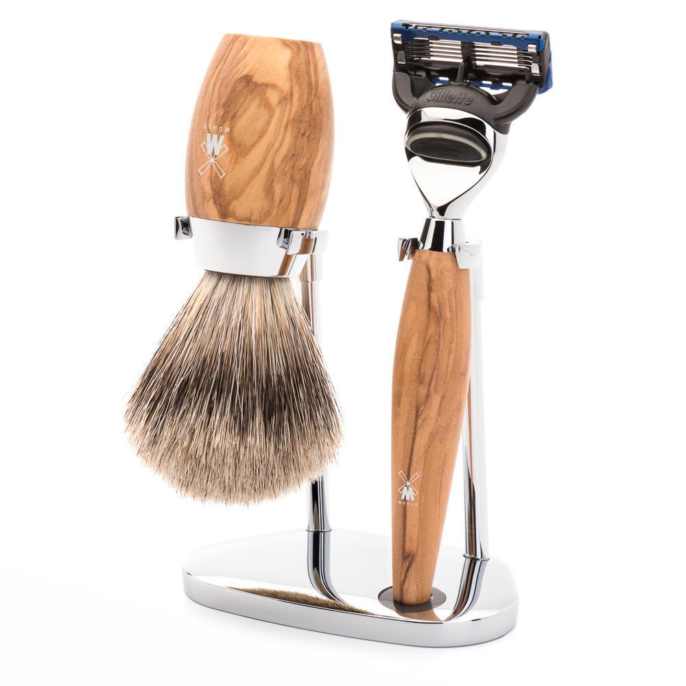 MÜHLE Kosmo Olive Wood 3-Piece Fine Badger & Fusion Shaving Set