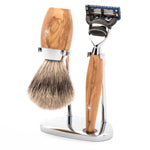 MÜHLE Kosmo Olive Wood 3-Piece Fine Badger & Fusion Shaving Set