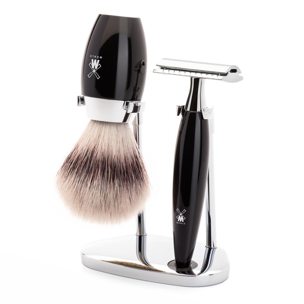 Set de afeitado Mühle kosmo negro 3 piezas fibra punta plata y maquinilla de afeitar de seguridad