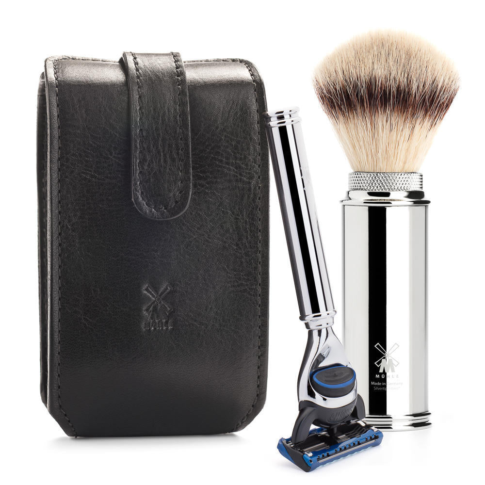 Kit de barbear MÜHLE Travel Florentine Black Leather Silvertip Fiber & Fusion