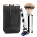 MÜHLE Travel Florentine Black Leather Silvertip Fiber & Fusion Shaving Kit