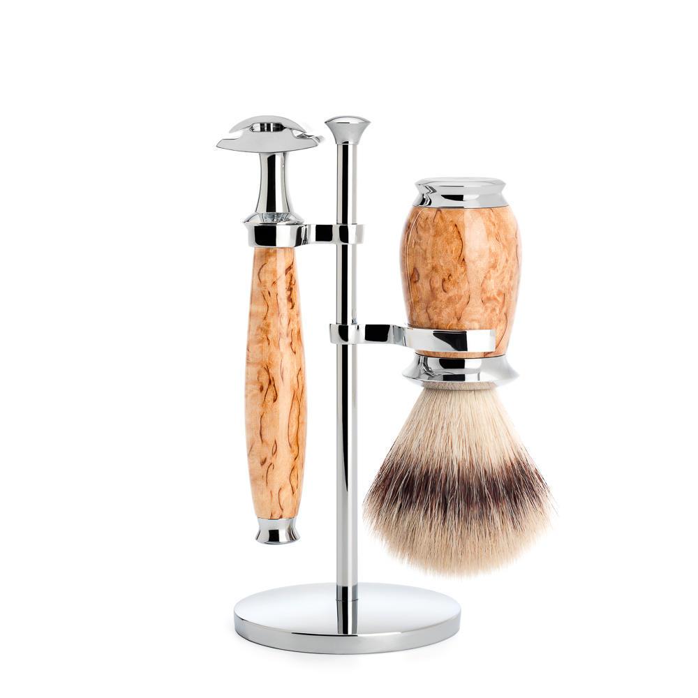 Mühle purist karelian masur birch set de afeitado de fibra punta plateada y maquinilla de afeitar de seguridad de 3 piezas