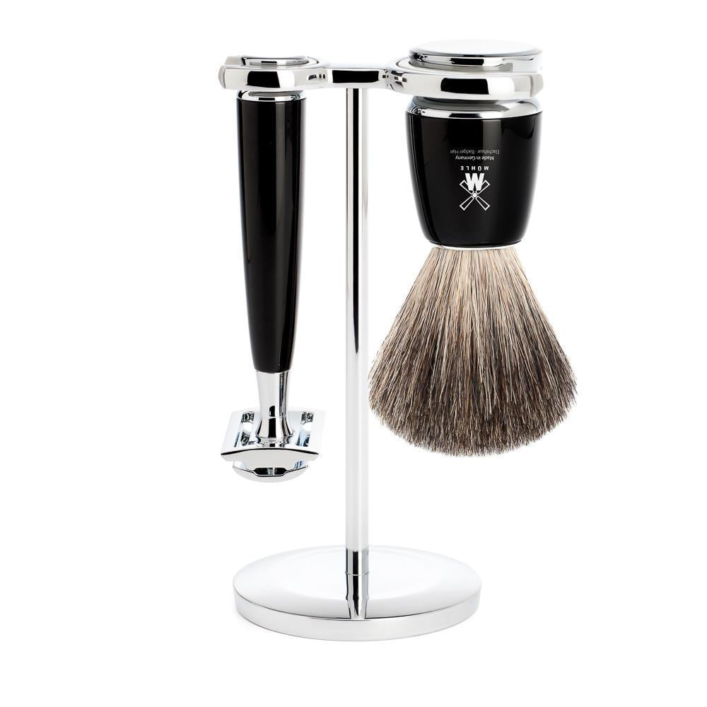 MÜHLE Set de afeitado Rytmo Black de 3 piezas Pure Badger y maquinilla de afeitar de seguridad
