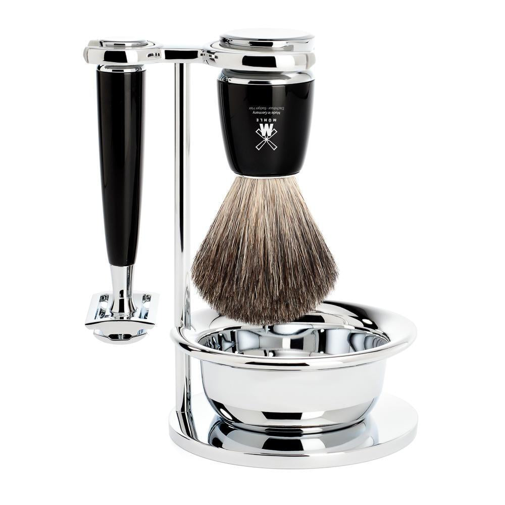 MÜHLE Set de afeitado Rytmo Black de 4 piezas Pure Badger y maquinilla de afeitar de seguridad