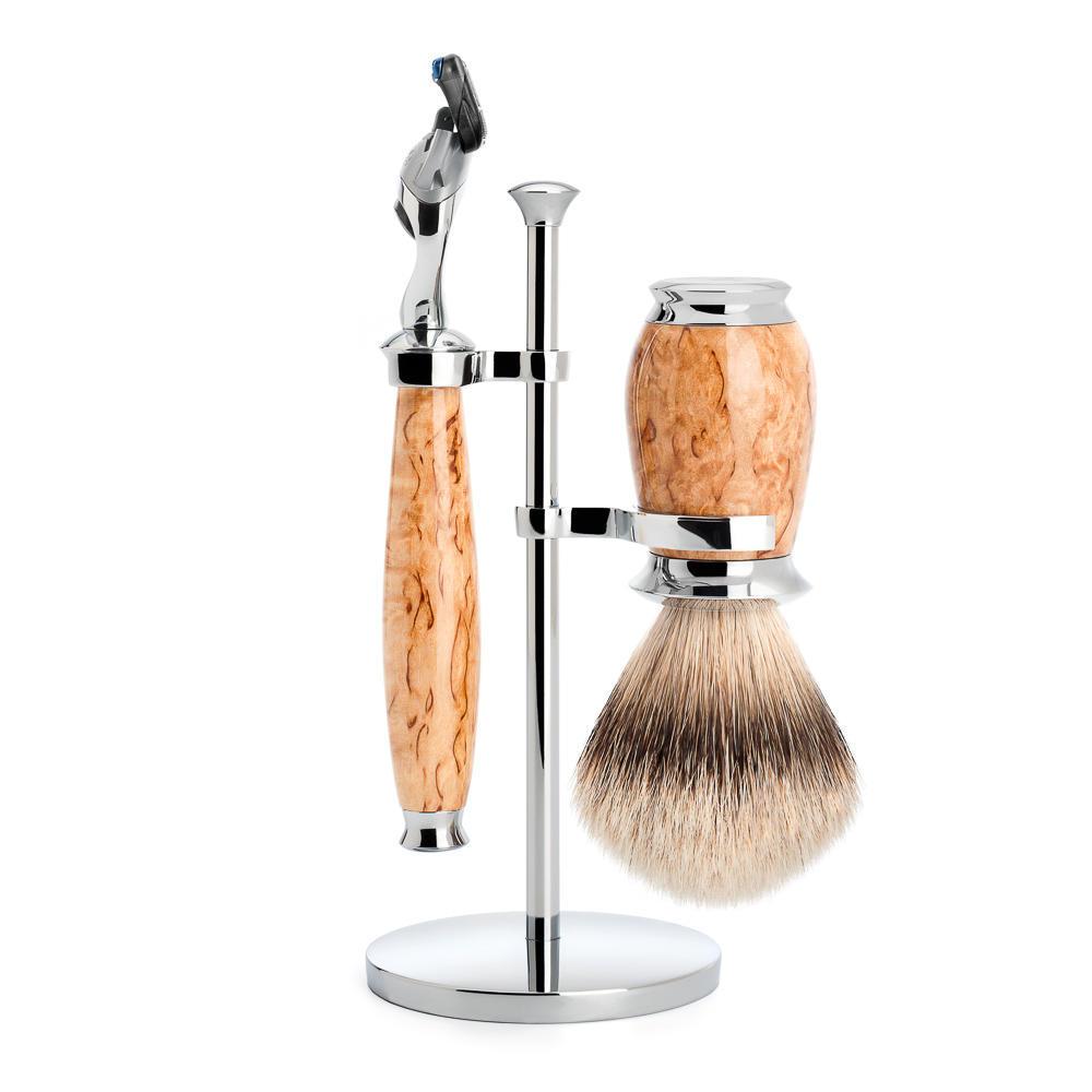 MÜHLE Purist Karelian Masur Birch 3-Piece Silvertip Badger & Fusion Shaving Set