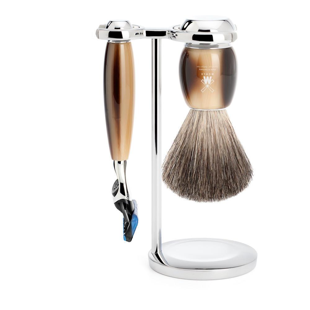 MÜHLE Vivo Brown Horn 3-Piece Pure Badger &amp; Fusion Shaving Set