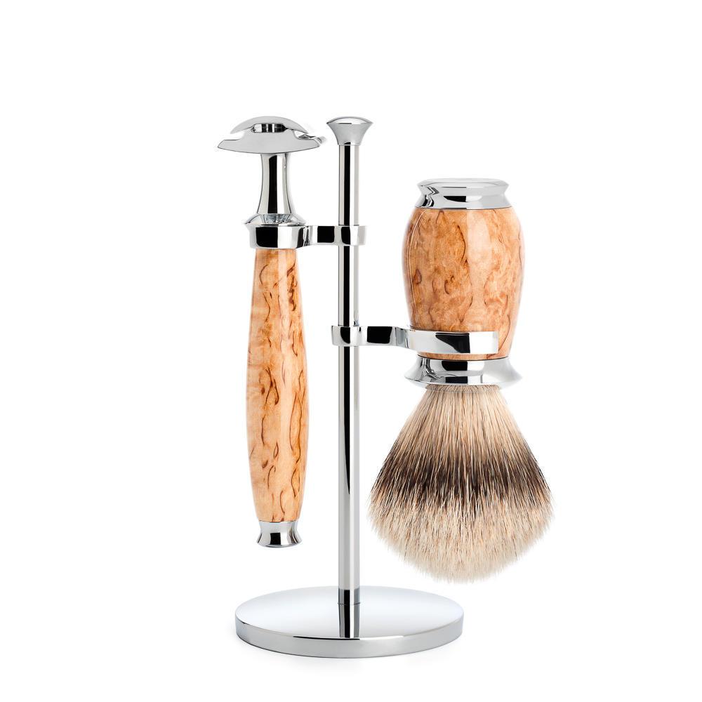 Mühle purist karelian masur birch set de afeitar tejón punta plateada y maquinilla de afeitar de seguridad de 3 piezas