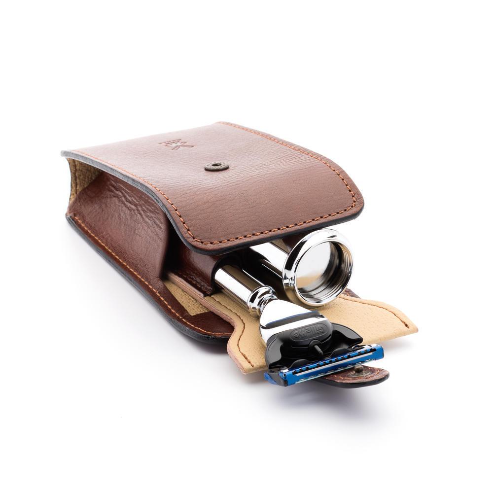 Kit de afeitado Mühle travel florentine brown leather punta plata fibra y fusión