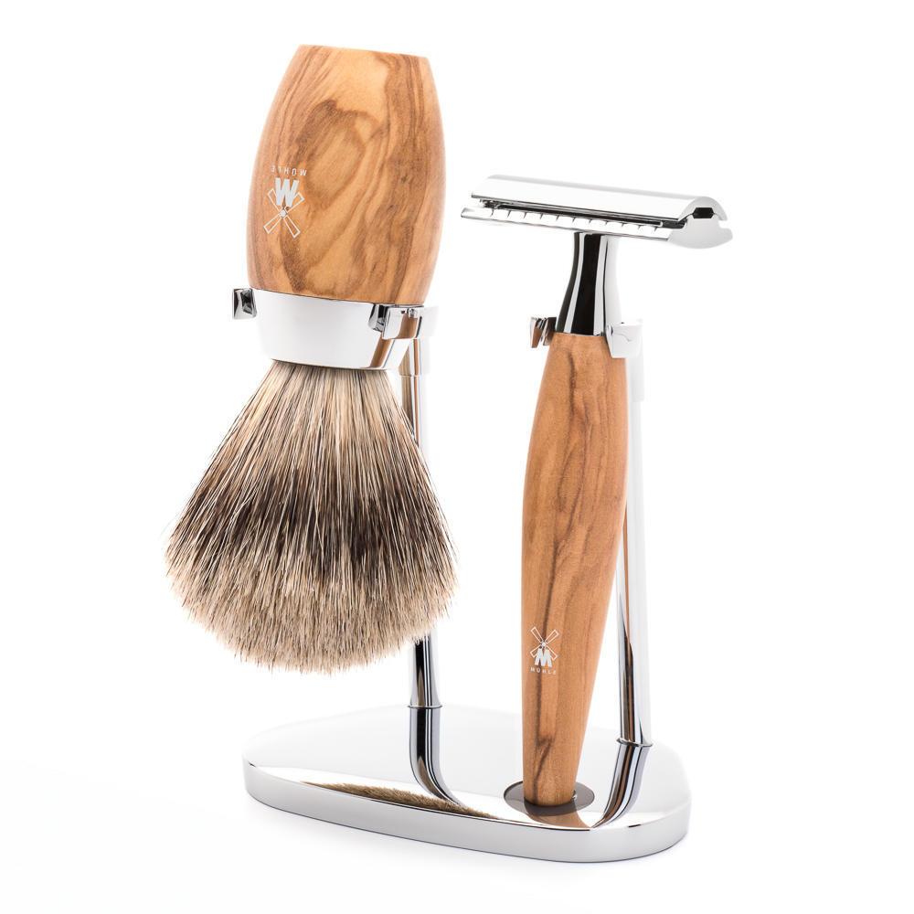 Conjunto de barbear MÜHLE Kosmo Olive Wood de 3 peças com texugo fino e lâmina de segurança