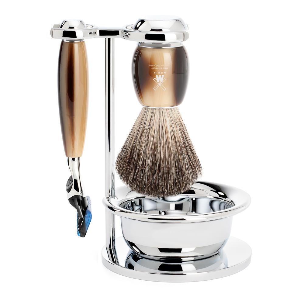MÜHLE Vivo Brown Horn 4-Piece Pure Badger & Fusion Shaving Set
