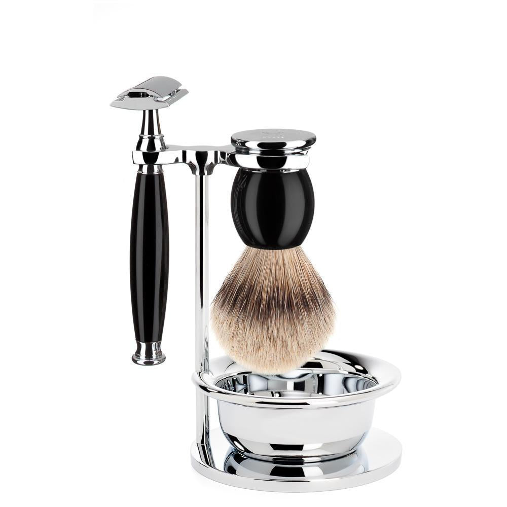 MÜHLE Set de afeitado Sophist Black de 4 piezas Silvertip Badger y maquinilla de afeitar de seguridad