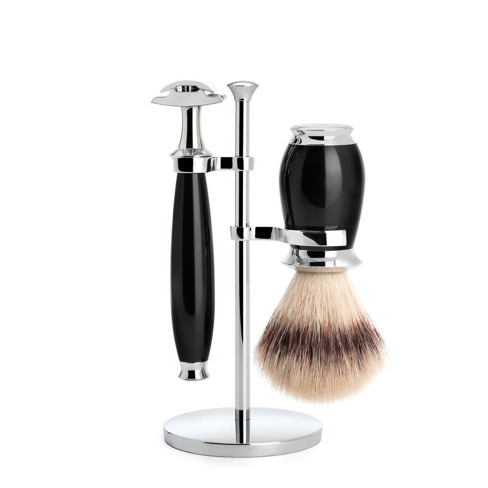 Set de afeitado Mühle purist negro 3 piezas fibra punta plata y maquinilla de afeitar de seguridad